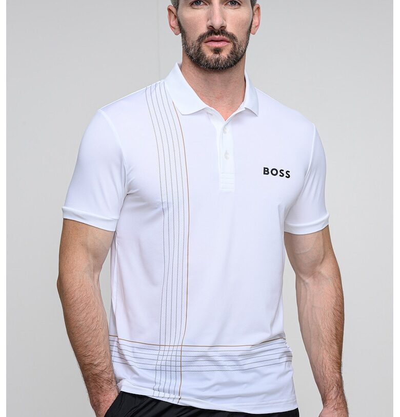 Тениска с яка и лого - Бял BOSS