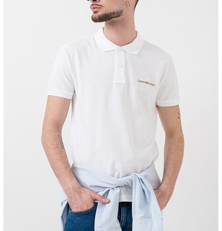 Тениска с яка и лого - Бял/Карамел CALVIN KLEIN JEANS