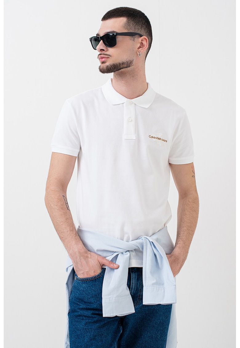 Тениска с яка и лого - Бял/Карамел CALVIN KLEIN JEANS