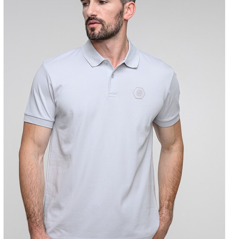 Тениска с яка и лого - Светло сив BOSS