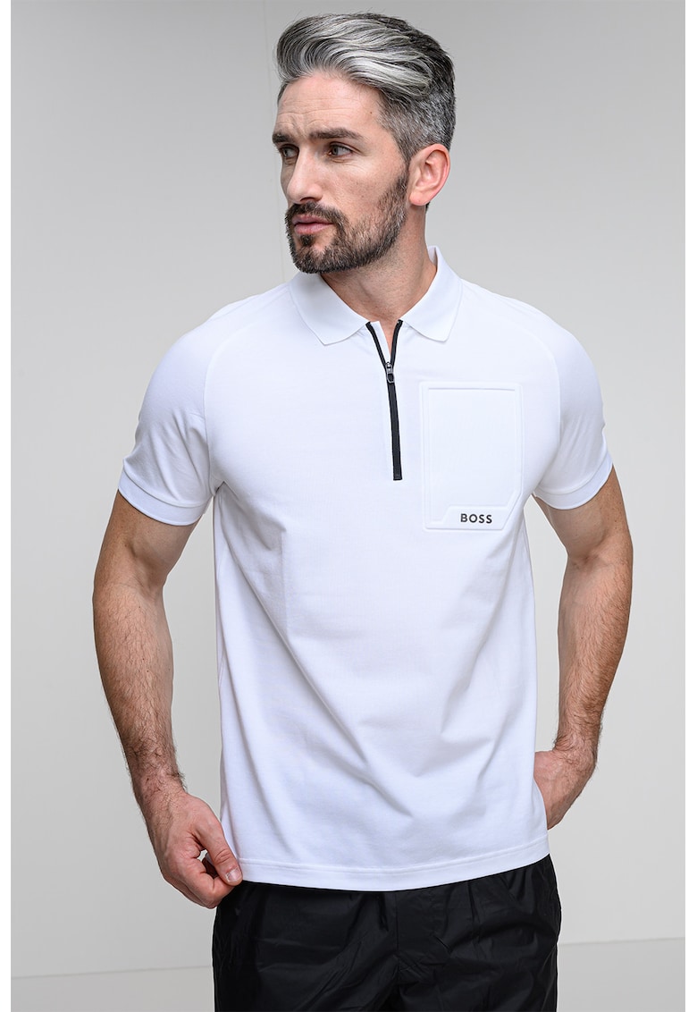 Тениска с яка и цип - Бял BOSS