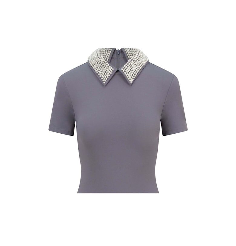 Тениска със синтетични перли на яката - Сив BALOU
