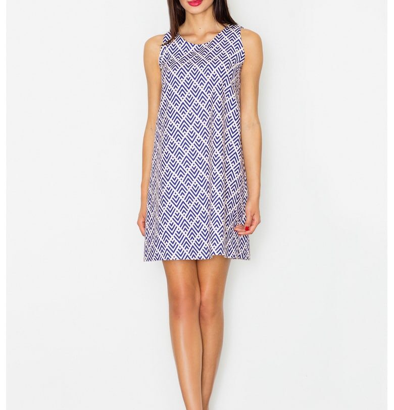 Трапецовидна рокля  геометричен модел - полиестер - синьо - бяло - Figl