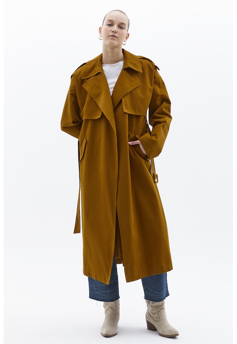 Тренч с раздвоен ревер и скосени джобове - Карамел OXXO