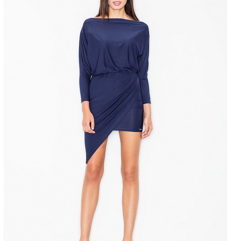 Тъмносиня асиметрична рокля  елегантна - с дълъг ръкав - полиестер - Figl