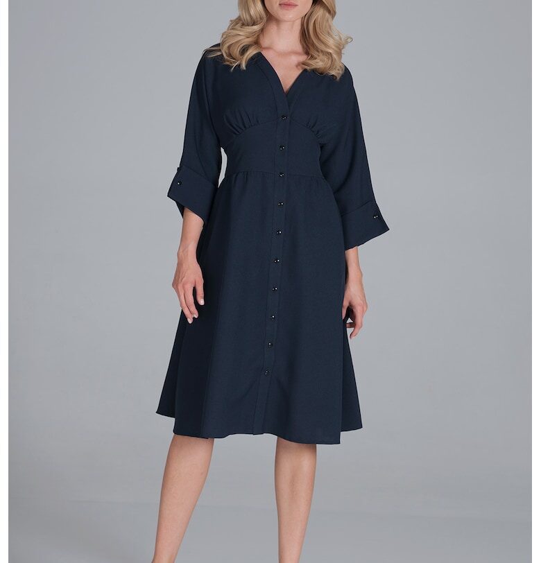 Тъмносиня миди рокля  с копчета - 3/4 ръкави - полиестер - Figl