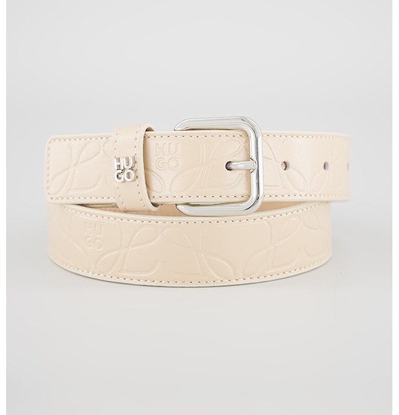 Тънък кожен колан с релефно лого - Бежов HUGO