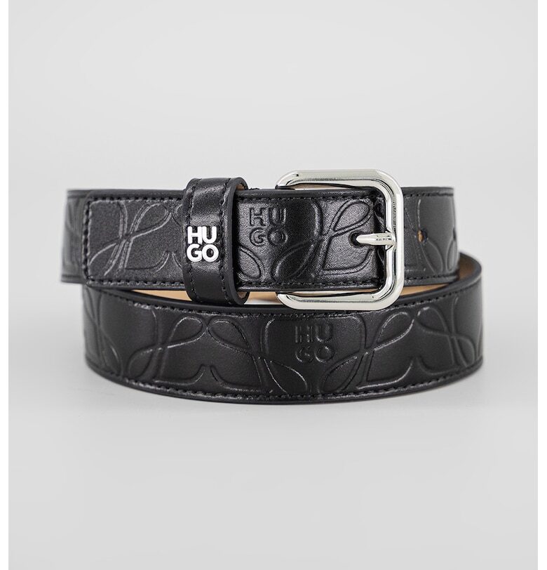 Тънък кожен колан с релефно лого - Черен HUGO