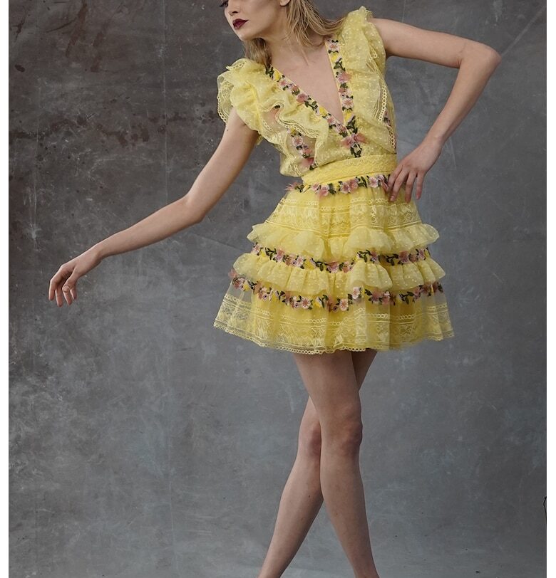 Тюлена рокля Lula с флорално детейли - Жълт MIAU by Clara Rotescu