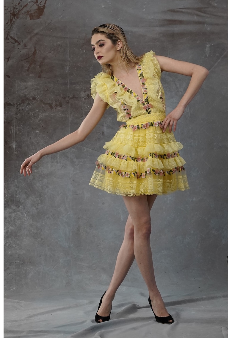 Тюлена рокля Lula с флорално детейли - Жълт MIAU by Clara Rotescu