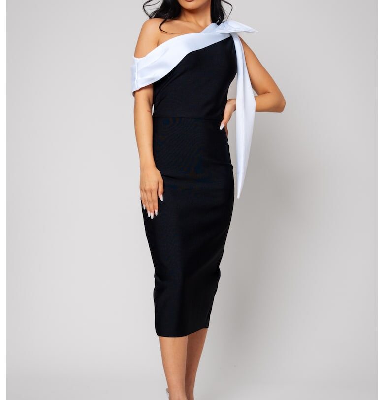 Тясна миди рокля Off White/Black 12939 - Бял uFIT