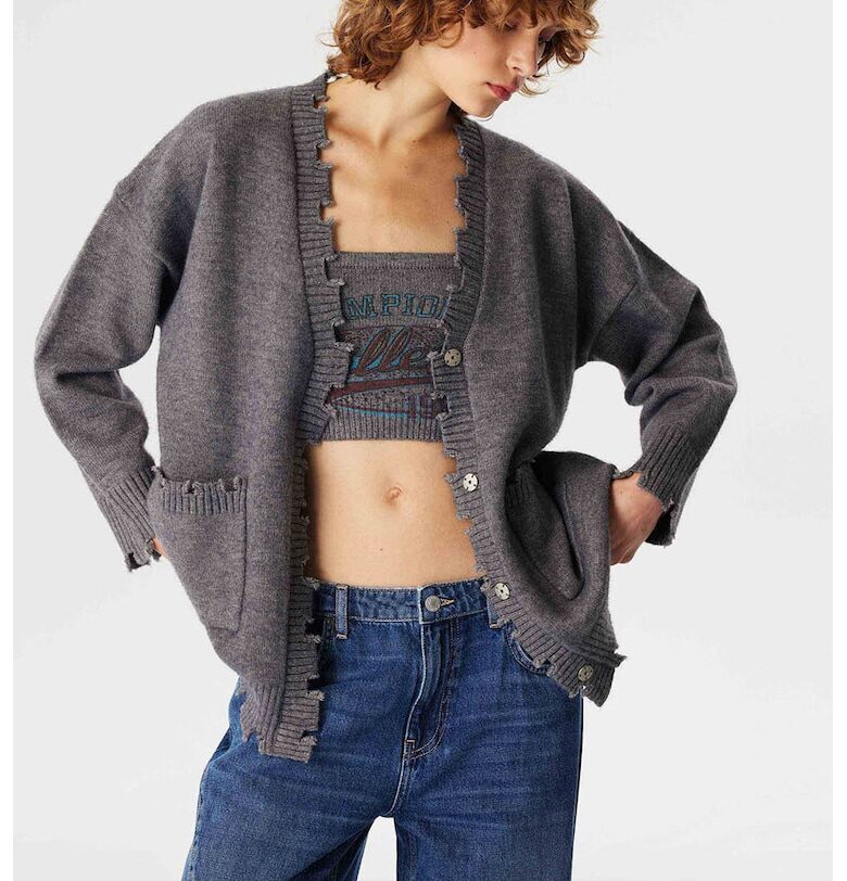 Уголемена жилетка с краища със захабен ефект - Меланж тъмно сиво TWIST