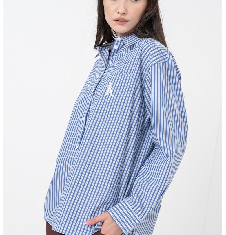 Уголемена риза с дълги ръкави - Бял/Прашно синьо CALVIN KLEIN JEANS