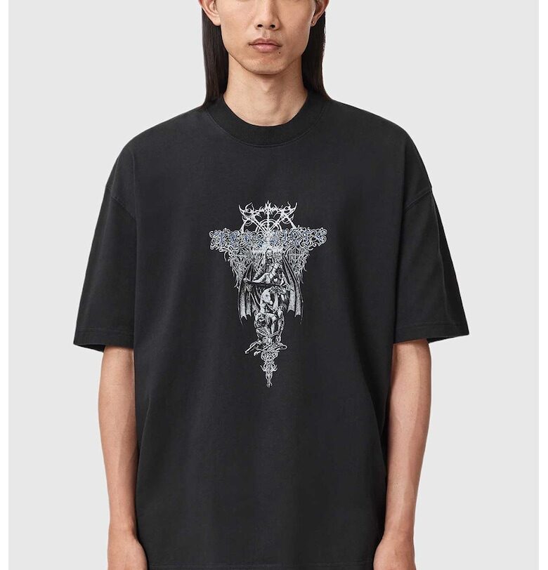 Уголемена тениска Swords с принт на гърба - Бял/Син/Антрацитно сиво AllSaints