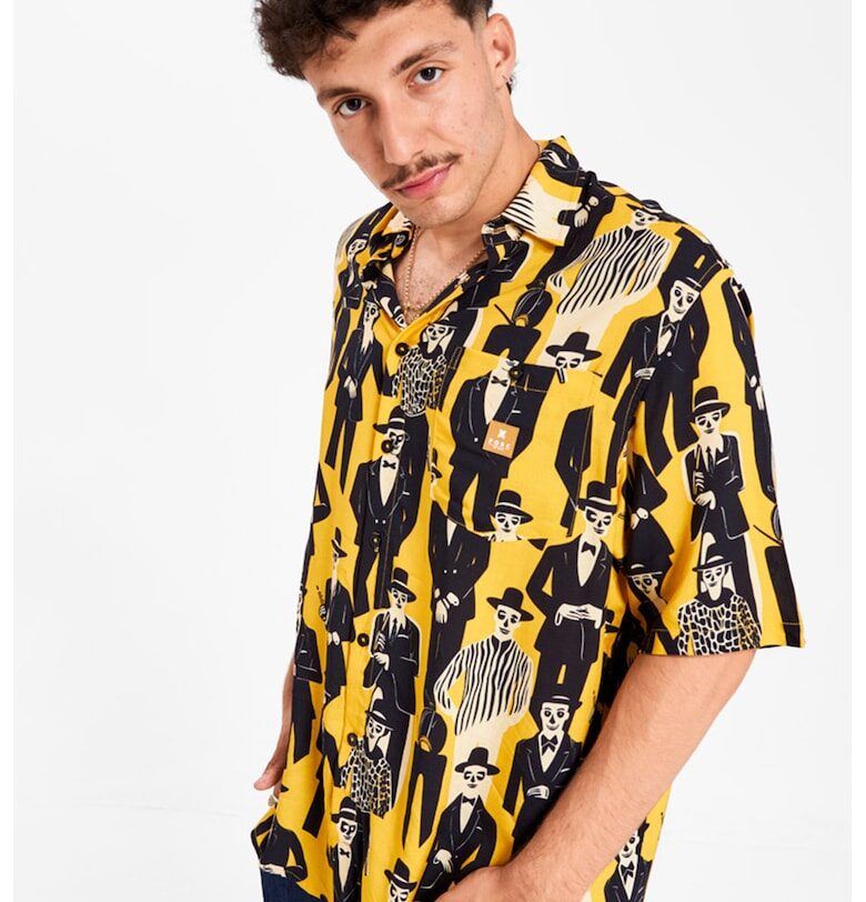 Унисекс риза Society с графична шарка - Черен/Сламеножълт/Мръснобял PORC