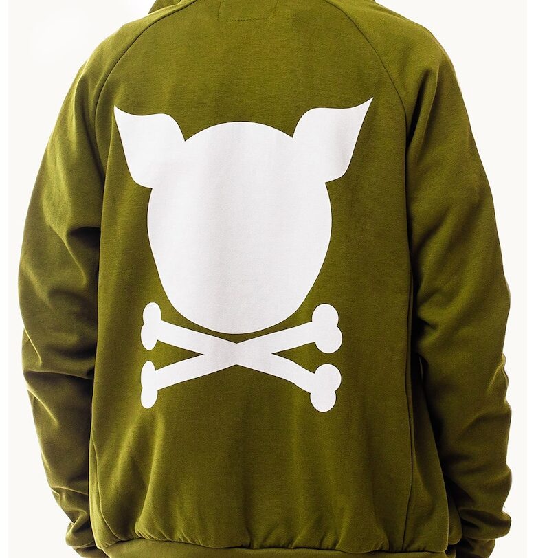 Унисекс суитшърт Crooked с лого и цип - Бял/Маслинено зелено PORC