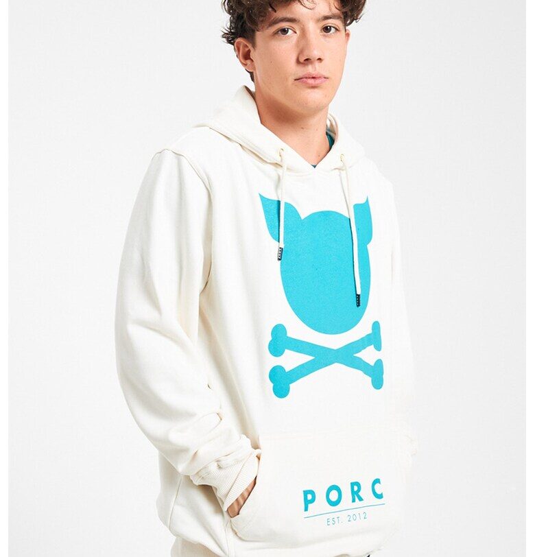 Унисекс худи с лого - Бял/Тюркоаз PORC