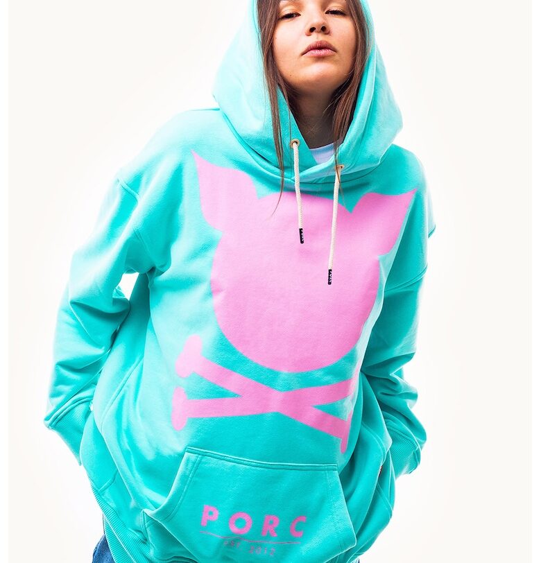 Унисекс худи с памук с лого - Аквамарин синьо/Розово PORC