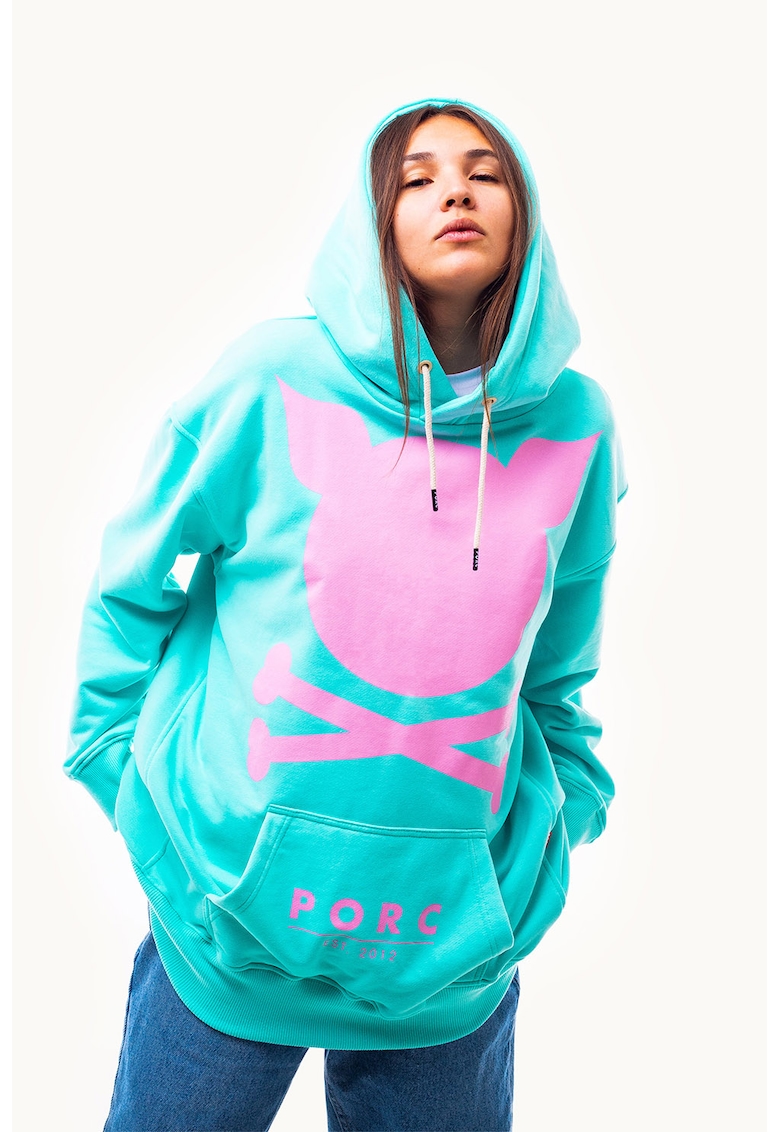 Унисекс худи с памук с лого - Аквамарин синьо/Розово PORC