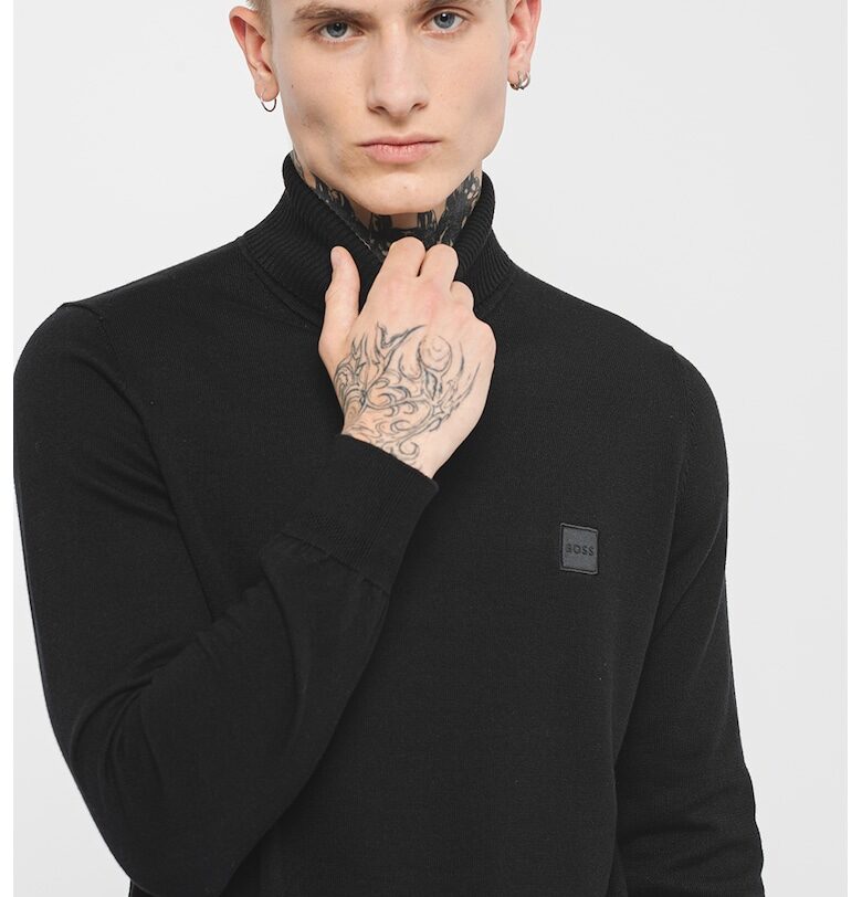 Фино плетен пуловер Akiro с памук - Черен BOSS