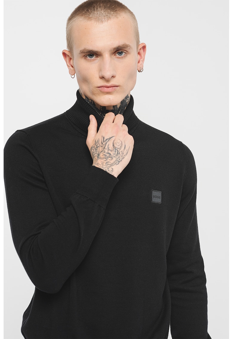 Фино плетен пуловер Akiro с памук - Черен BOSS