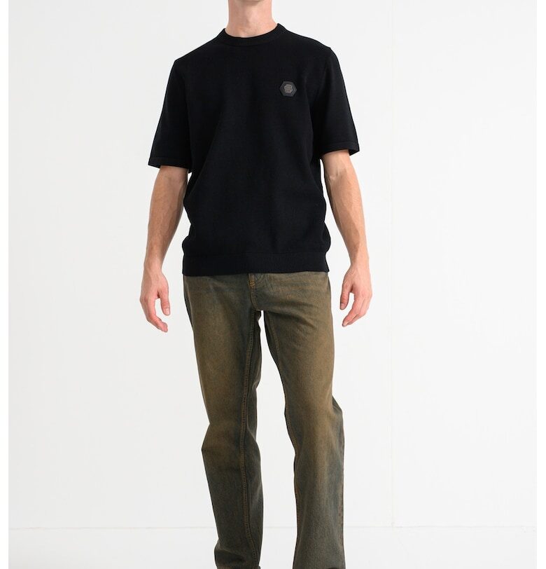 Фино плетен пуловер K_Future с къси ръкави - Черен BOSS