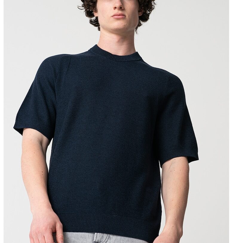 Фино плетена тениска с лиосел - Тъмносин BOSS