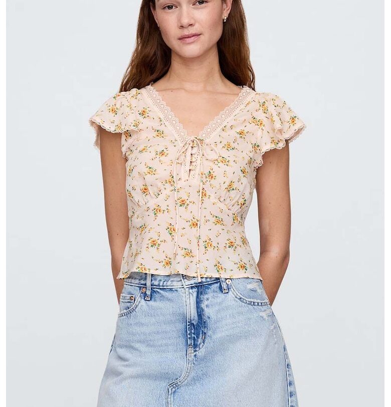 Флорална блуза с дантела - Зелен/Жълт/Праскова GAP