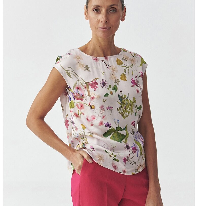 Флорална блуза с овално деколте - Слонова кост/Светлозелен Tatuum