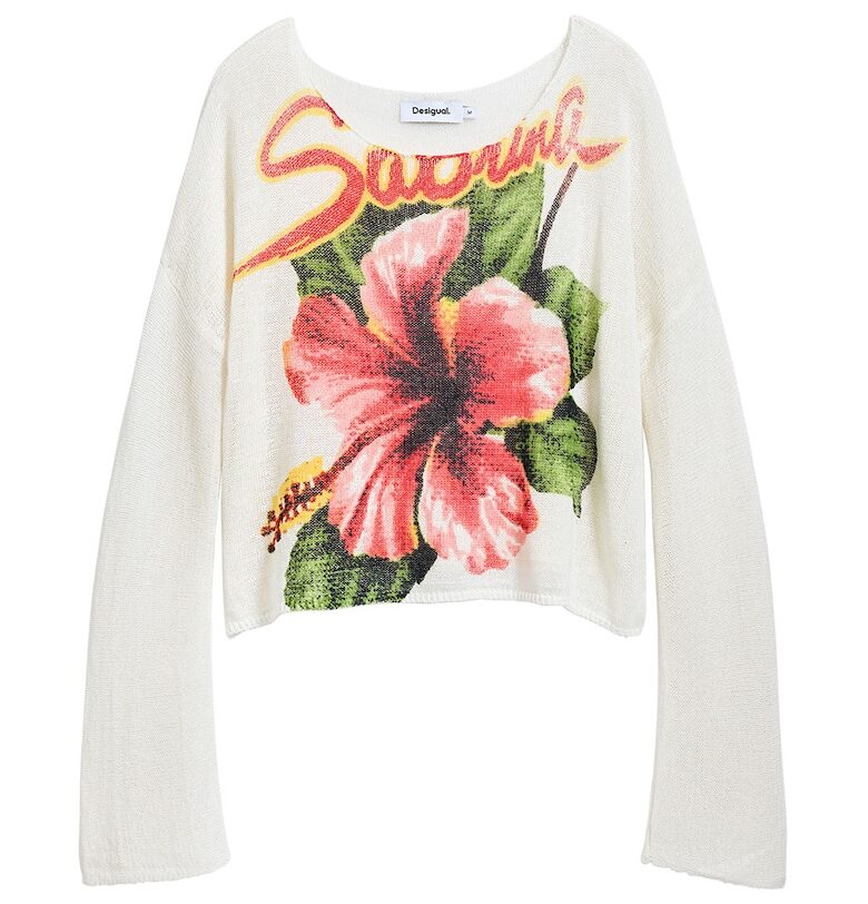 Флорална блуза с памук с паднали ръкави - Мръснобял/Розово/Папратово зелено DESIGUAL