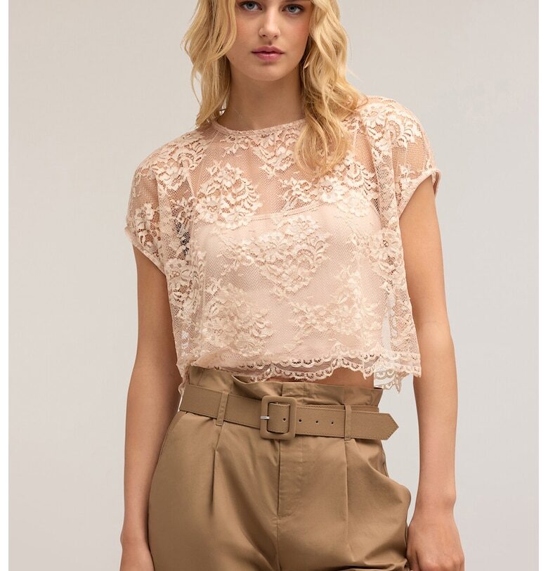 Флорална дантелена блуза с къси ръкави - Бежов Motivi