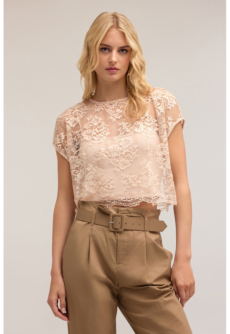 Флорална дантелена блуза с къси ръкави - Бежов Motivi