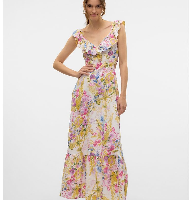 Флорална дълга рокля с отвор - Жълт/Мръснобял/Розово Vero Moda