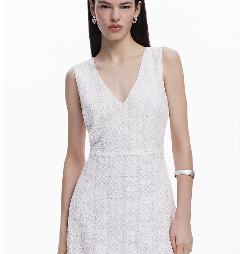 Флорална къса рокля с флорална дантела - Мръснобял DESIGUAL