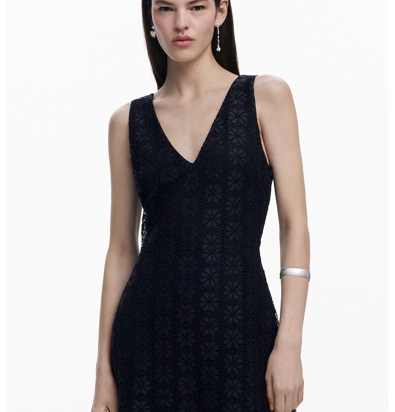 Флорална къса рокля с флорална дантела - Черен DESIGUAL