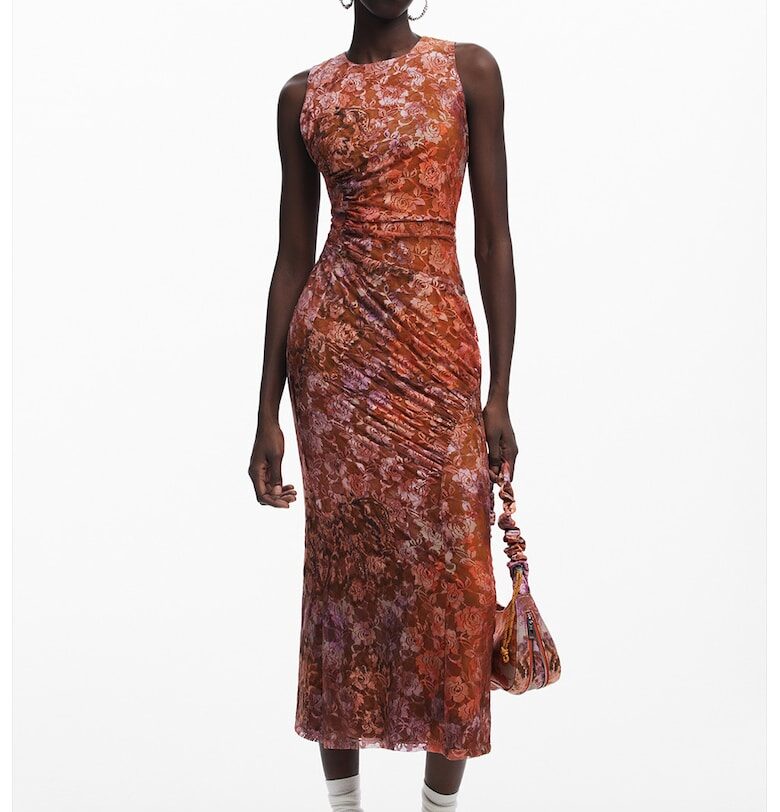 Флорална миди рокля без ръкави - Оранжев/Канелено кафяво DESIGUAL