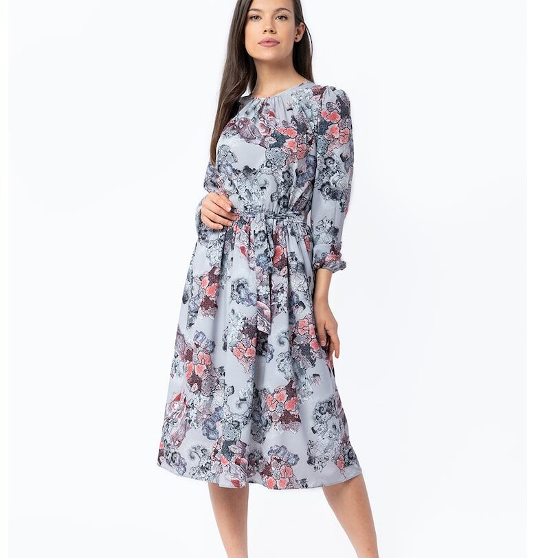 Флорална миди рокля с принт - Сив/Керемидено червено Couture de Marie