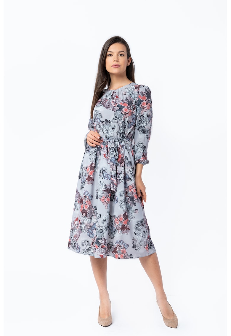 Флорална миди рокля с принт - Сив/Керемидено червено Couture de Marie