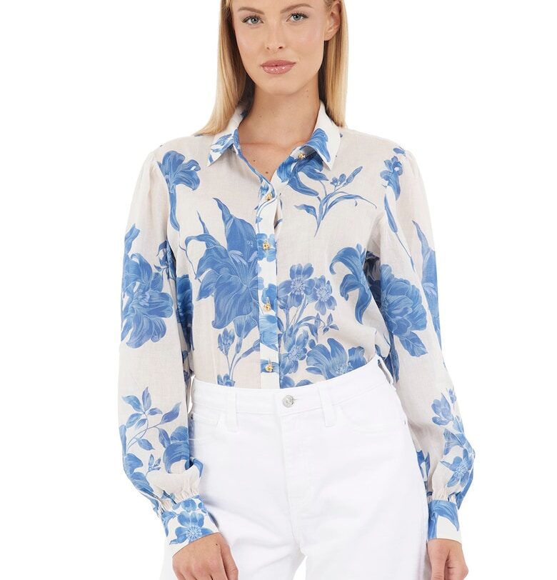 Флорална риза с лен - Прашно синьо/Мръснобял GUESS
