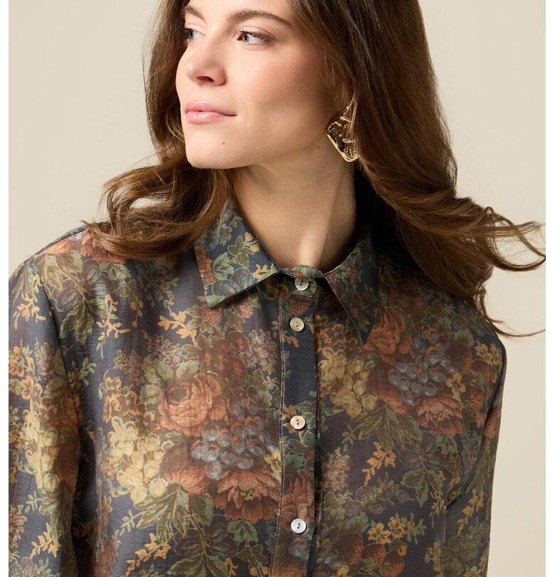 Флорална риза с остра яка - Тъмносин/Каки/Керемидено червено Oltre