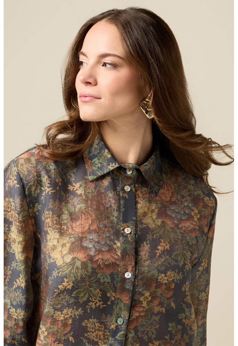 Флорална риза с остра яка - Тъмносин/Каки/Керемидено червено Oltre