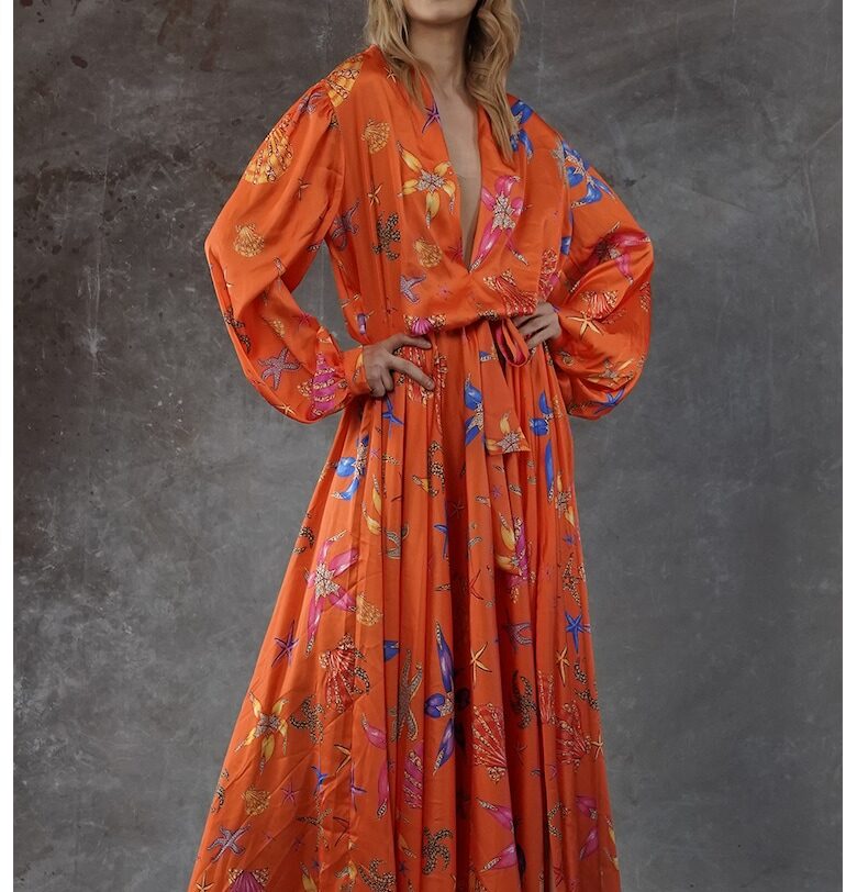 Флорална рокля Molinos с коприна - Оранжев MIAU by Clara Rotescu