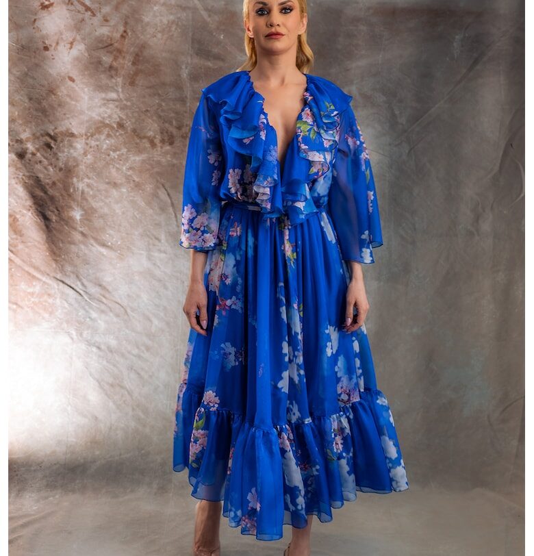 Флорална рокля Osaka от шифон - Розова сьомга/Кралско Синьо MIAU by Clara Rotescu