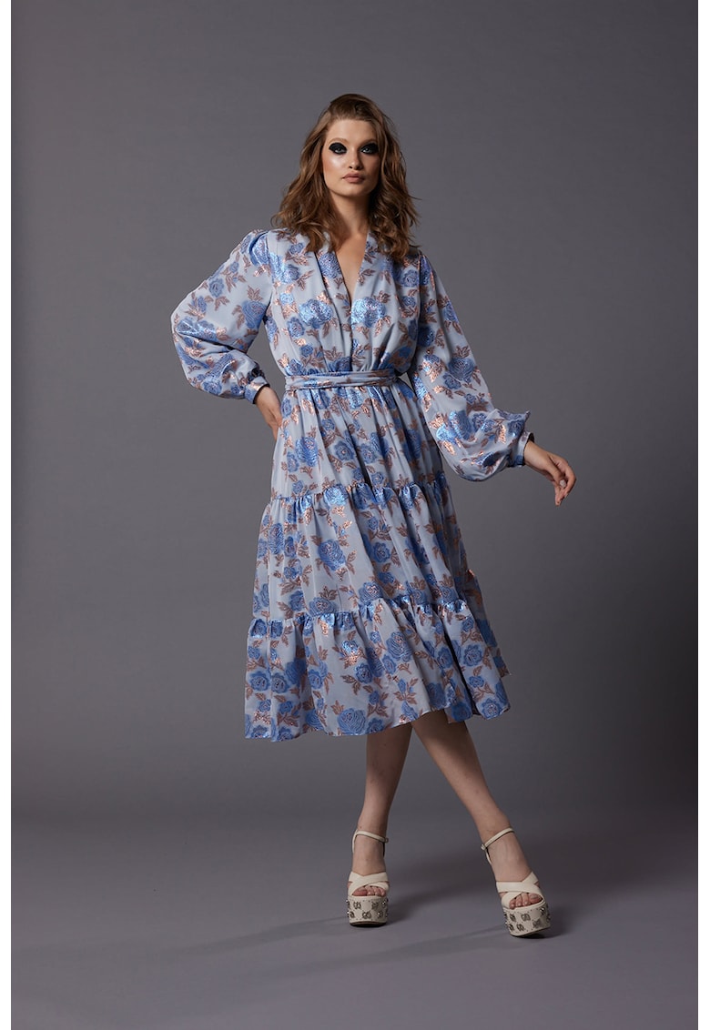 Флорална рокля Pray с коприна и разкроени ръкави - Небесносин/Лавандула MIAU by Clara Rotescu