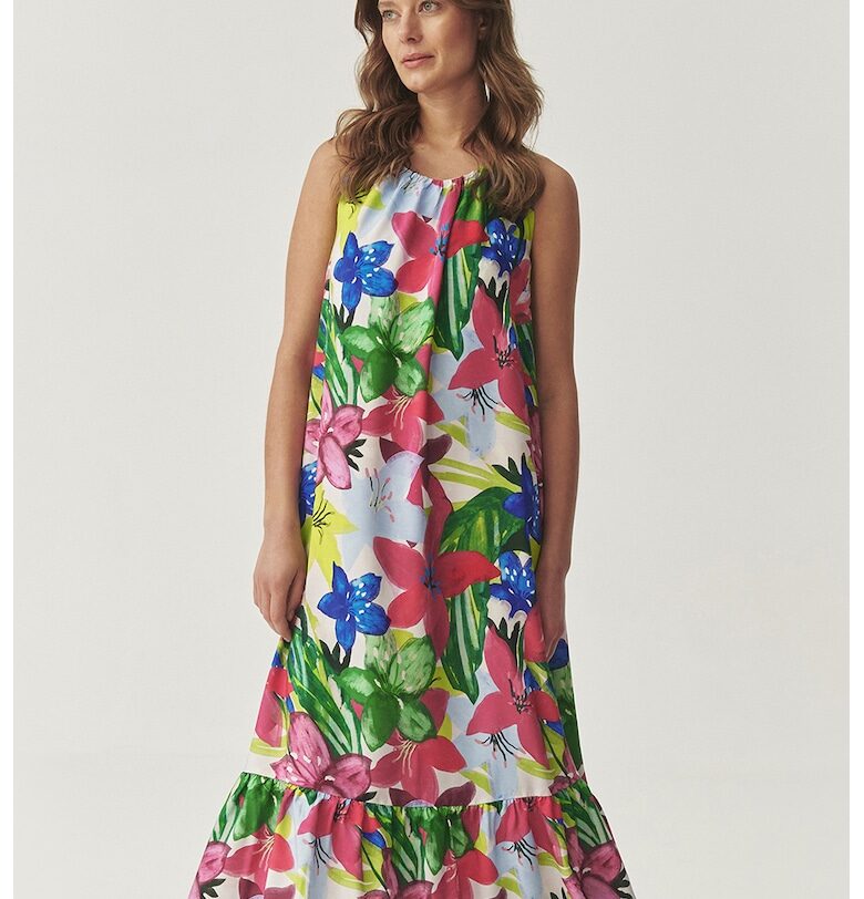 Флорална рокля без ръкави с леко плисе - Зелен/Фуксия/Кралско Синьо Tatuum