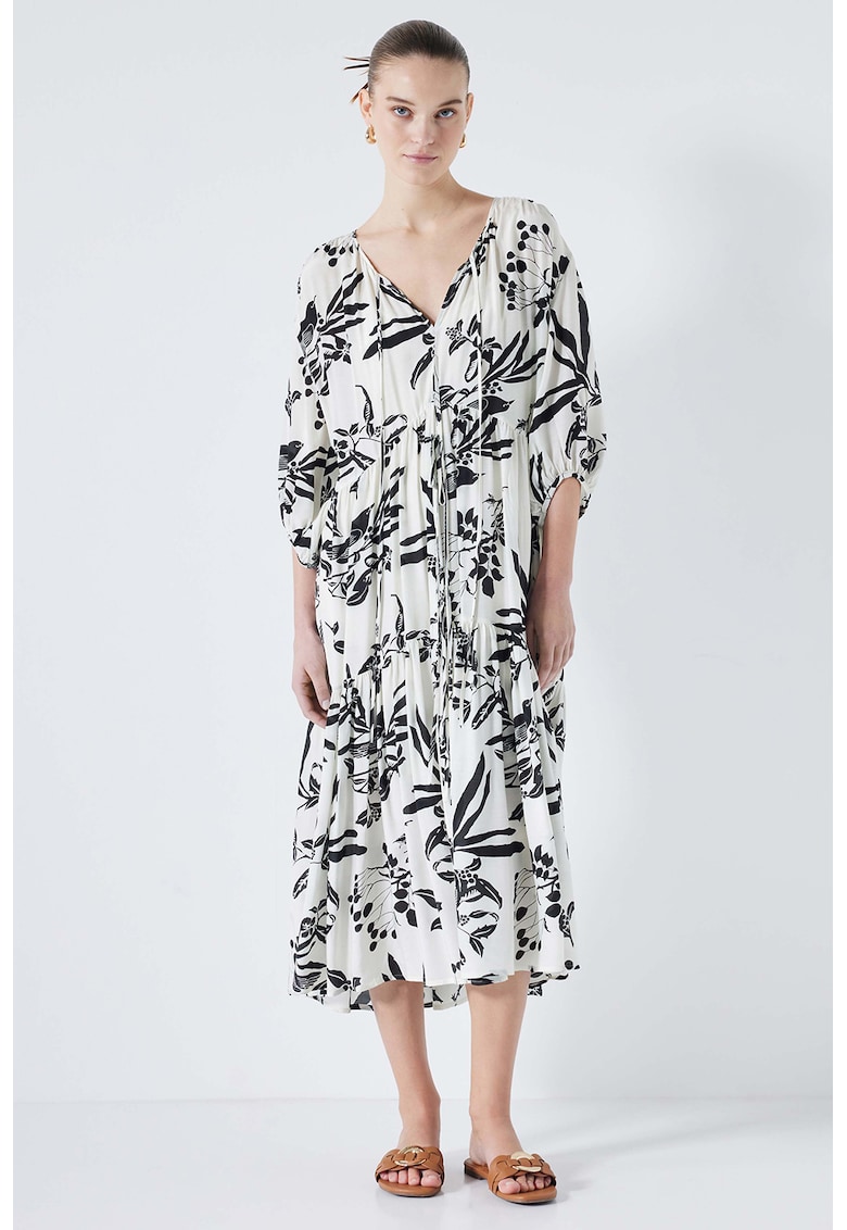 Флорална рокля с 3/4 ръкави - Бял/Черен Ipekyol