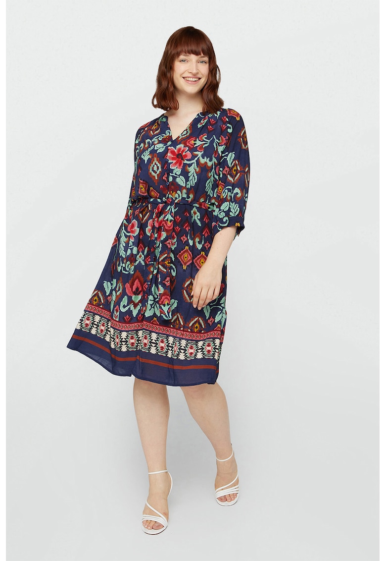 Флорална рокля с 3/4 ръкави - Керемидено червено/Тъмносин Fiorella Rubino