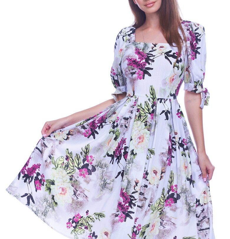 Флорална рокля с джобове встрани - Бял/Зелен/Розово CAMISSI