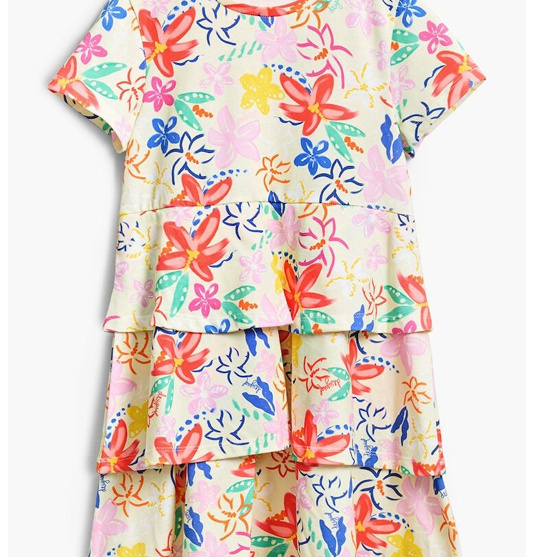 Флорална рокля с дипли - Корал/Пастелнорозов/Светло бежово DESIGUAL