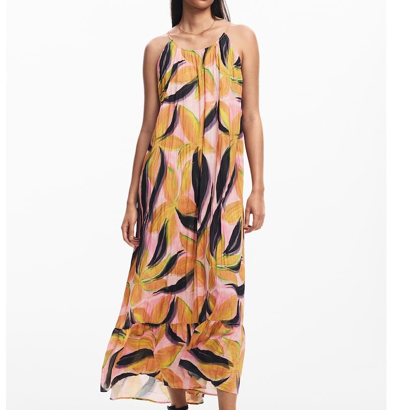 Флорална рокля с дълги ръкави - Черен/Оранжев/Розово DESIGUAL